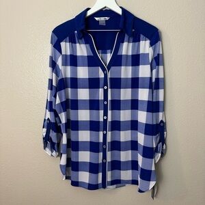 New Peter Nygard Blue White Buffalo Checker Button Down Blouse